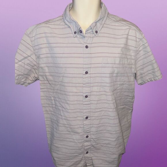 Patagonia Short Sleeve Gray Purple Stripe Button Down Collar Shirt Size XL #39 - Picture 2 of 5